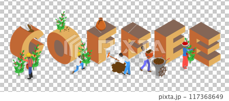 3D Isometric Flat  Illustration of Coffee Banner, Process of Production and Processing 117368649