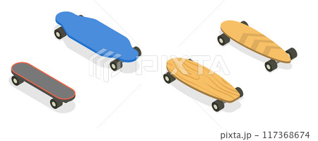 3D Isometric Flat Set of Skateboards, Riding on Board 3D Isometric Flat Set of Skateboards, Riding on Board 117368674