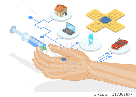 3D Isometric Flat Illustration of Human Microchip Implant, NFC or RFID Technology 3D Isometric Flat Illustration of Human Microchip Implant, NFC or RFID Technology 117368677