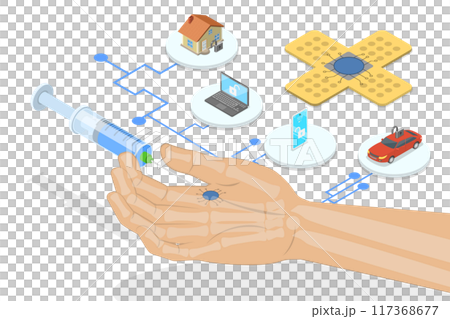 3D Isometric Flat Illustration of Human Microchip Implant, NFC or RFID Technology 3D Isometric Flat Illustration of Human Microchip Implant, NFC or RFID Technology 117368677