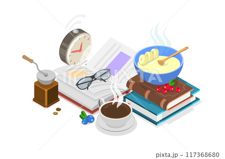 3D Isometric Flat  Illustration of Morning Rituals, Healthy Habits and Routines 117368680