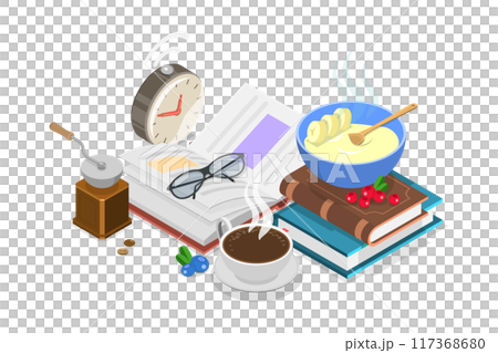 3D Isometric Flat  Illustration of Morning Rituals, Healthy Habits and Routines 117368680