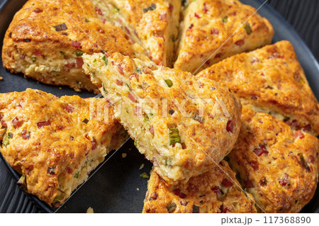 Ham and cheese triangle american scones, top view Ham and cheese triangle american scones, top view 117368890