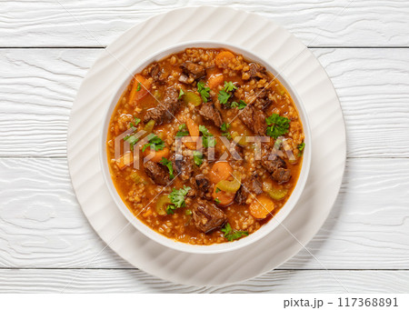 beef barley soup in a bowl, top view 117368891