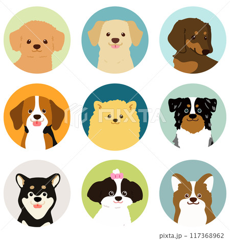 シンプルで可愛い犬の丸いアイコンイラストセット シンプルで可愛い犬の丸いアイコンイラストセット 117368962