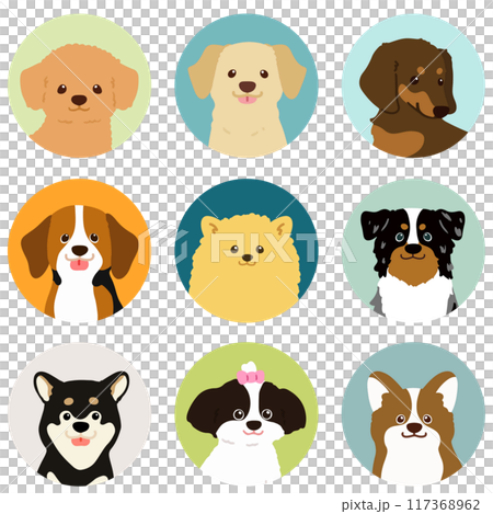 シンプルで可愛い犬の丸いアイコンイラストセット シンプルで可愛い犬の丸いアイコンイラストセット 117368962