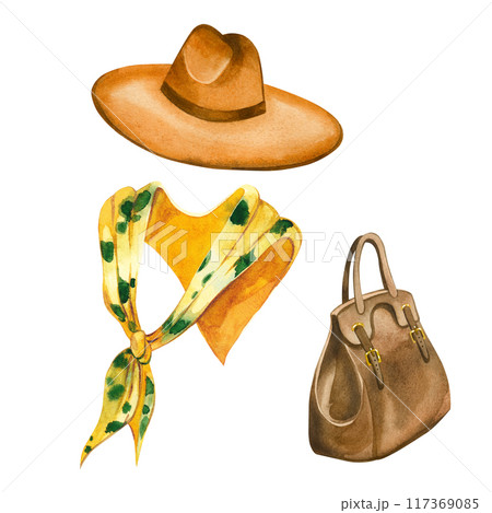 Set of watercolor illustrations. Women's clothing, wide-brimmed hat, shoulder scarf, travel bag. All objects are hand-drawn with watercolor, suitable for printing on fabric, paper, for design. 117369085