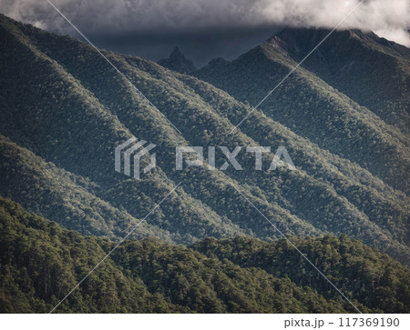 The mountains are covered in trees and the sky is cloudy 117369190