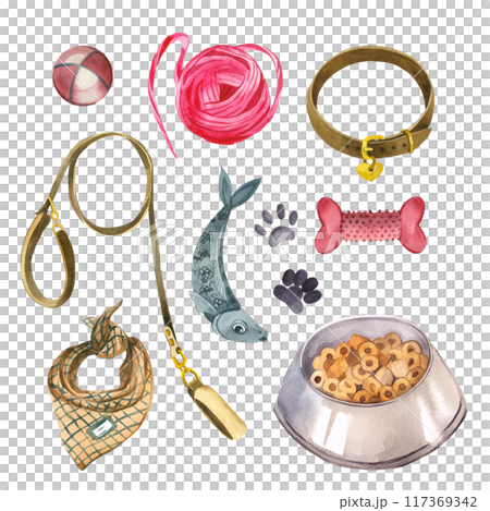A set of watercolor illustrations. Pets, collars, leash, animal toys, a bowl of food, fish for a cat, dog and cat tracks. Suitable for printing on fabric, paper, for packaging goods for animals. A set of watercolor illustrations. Pets, collars, leash, animal toys, a bowl of food, fish for a cat, dog and cat tracks. Suitable for printing on fabric, paper, for packaging goods for animals. 117369342