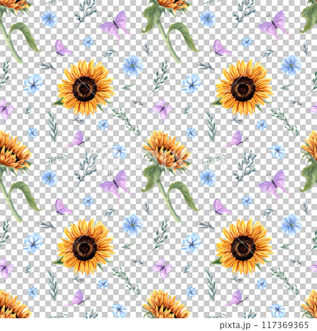 Sunflower and flying butterflies. Blooming herbs with fluttering pink insect. Seamless pattern with meadow plants. Watercolor floral illustration in rustic style. For textile, wrapping, scrapbook Sunflower and flying butterflies. Blooming herbs with fluttering pink insect. Seamless pattern with meadow plants. Watercolor floral illustration in rustic style. For textile, wrapping, scrapbook 117369365