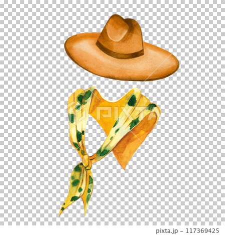 Women's clothing, wide-brimmed hat, shoulder scarf, yellow shawl. Watercolor illustration. All objects are hand-drawn with watercolors, suitable for printing on fabric, paper, for design. 117369425