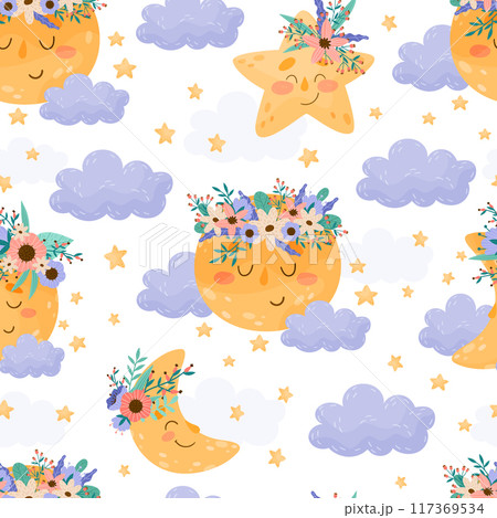Cute Moon with Flowers and Pretty Face Vector Seamless Pattern Template Cute Moon with Flowers and Pretty Face Vector Seamless Pattern Template 117369534