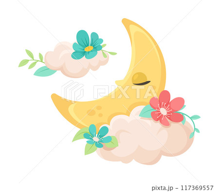 Cute Crescent with Flowers and Pretty Face Vector Illustration 117369557