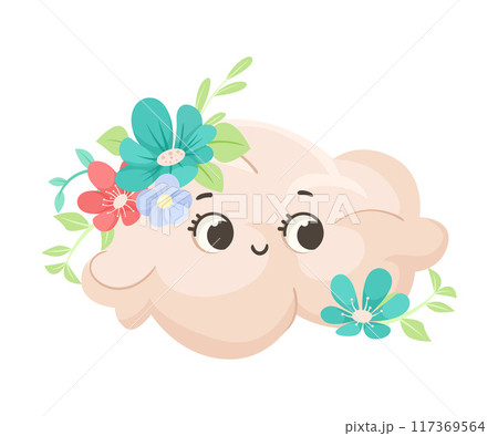 Cute Cloud with Flowers and Pretty Face Vector Illustration 117369564