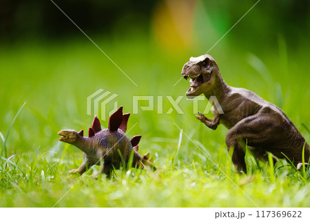 Child playing with dinosaur toy in sunny garden 117369622