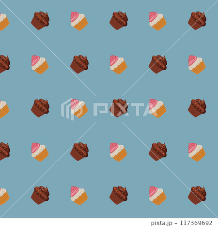Pattern of chocolate and white cupcakes on a blue background. 117369692
