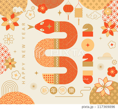 Chinese card for New Year 2025 with snake. Chinese card for New Year 2025 with snake. 117369896