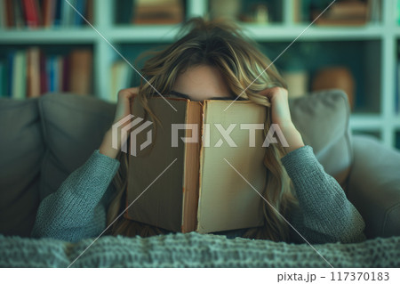 Selective focus of A woman lies on a sofa with a book covering his face in the living room. 117370183