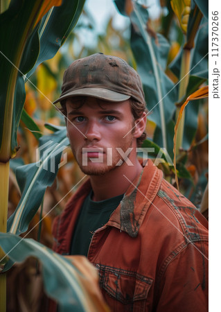 A Caucasian man is working in a corn field. 117370266