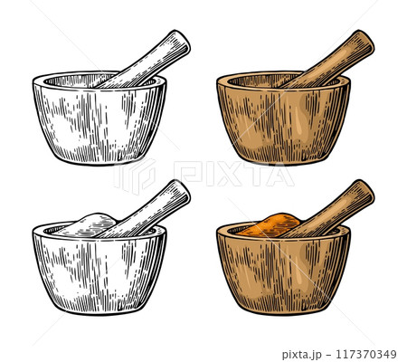 Wooden pestle and mortar with crushed piece. Vintage color vector engraving illustration 117370349