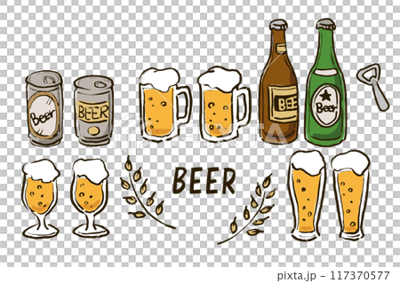 手描きタッチのビールのイラストセット(カラー01) 手描きタッチのビールのイラストセット(カラー01) 117370577