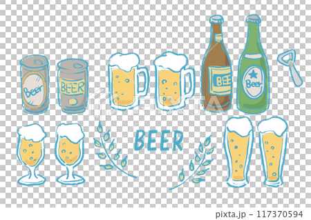 手描きタッチのビールのイラストセット(カラー02) 117370594
