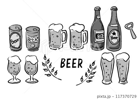 手描きタッチのビールのイラストセット(グレースケール) 手描きタッチのビールのイラストセット(グレースケール) 117370729