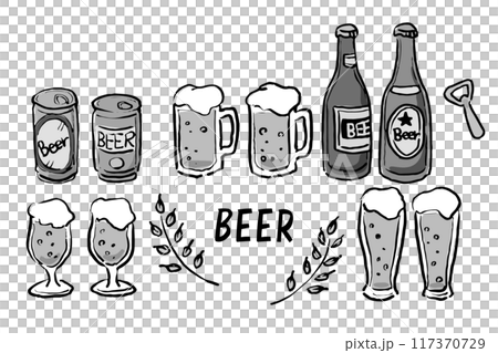 手描きタッチのビールのイラストセット(グレースケール) 手描きタッチのビールのイラストセット(グレースケール) 117370729