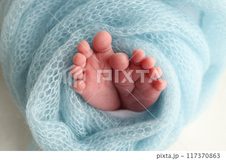 Close-up of tiny, cute, bare toes, heels and feet of a newborn girl, boy. Baby foot on blue soft coverlet, blanket. Detail of a newborn baby legs. Macro horizontal professional studio photo.  117370863