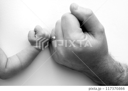 The newborn baby has a firm grip on the parent's finger after birth. Close-up little hand of child and palm of mother and father. Parenting, childcare and healthcare concept. Black and white photo.  117370866