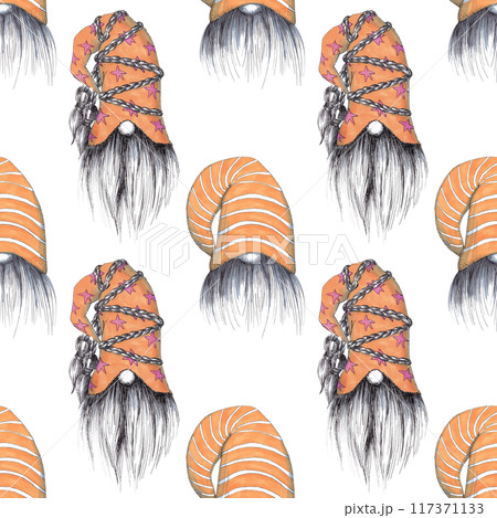 Cartoon dwarves for decorative design. Holiday decoration. Creative design template. Creative illustration. Christmas holiday background. Seamless gnomes pattern for pillows, kitchen textiles and napk 117371133