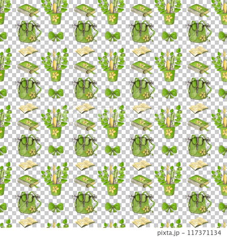 Back to school. Young student: backpack, flowers, bow and school supplies. Watercolor illustrations. Seamless pattern 117371134