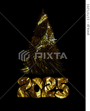 Golden spruce. Happy new year 2025. hand drawing. Not AI, Vector illustrations. Golden spruce. Happy new year 2025. hand drawing. Not AI, Vector illustrations. 117371201