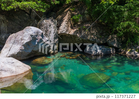 高知県仁淀川町 新緑の中津渓谷(仁淀ブルー) 高知県仁淀川町 新緑の中津渓谷(仁淀ブルー) 117371227
