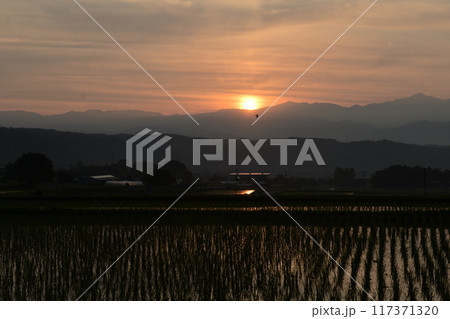 北杜市白州町から見る奥秩父の山から昇る朝日が空や田んぼを朱に染める 117371320