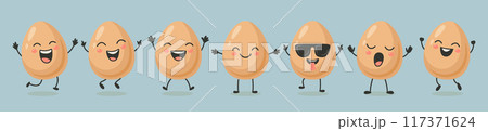 Vector Egg Character Set. Dancing, Smiling, Happy and Singing Egg with Different Faces and Emotions. Vector Illustration. Cute Eggs in Kawaii Cartoon Style. Boiled Egg with Funny Cute Face 117371624