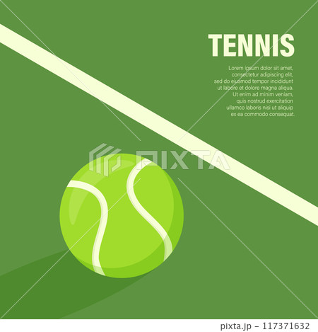 Flat Vector Tennis Ball Icon is on the Green Tennis Court. Tennis Ball Design Template, Sports Concepts, Competition Promotions, Advertisements, Graphics for a Tennis Event. Sports Background 117371632