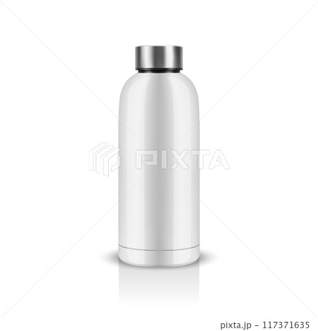 Vector Realistic 3D White Blank Glossy Reusable Water Bottle with Silver Bung Closeup Isolated. Design Template of Packaging Mockup. Front View 117371635