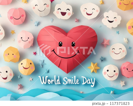 Celebration of World Smile Day with cheerful heart and smiling clouds in a colorful illustration featuring stars and playful elements. Generative AI Celebration of World Smile Day with cheerful heart and smiling clouds in a colorful illustration featuring stars and playful elements. Generative AI 117371823