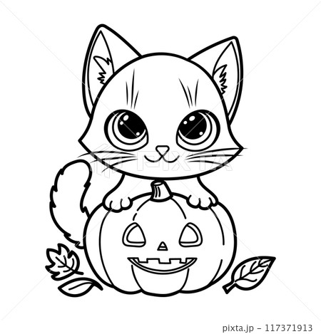 Adorable Halloween vector illustration of a cute kitten sitting on a carved pumpkin, perfect for coloring pages Adorable Halloween vector illustration of a cute kitten sitting on a carved pumpkin, perfect for coloring pages 117371913