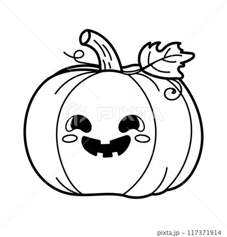 Vector illustration features a cute smiling pumpkin with big eyes and a playful leaf detail. Perfect for colouring books Vector illustration features a cute smiling pumpkin with big eyes and a playful leaf detail. Perfect for colouring books 117371914
