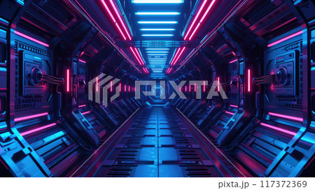 Futuristic corridor in spaceship, spacecraft interior with equipment like in scifi movie. Concept of future, space, room, background, technology Futuristic corridor in spaceship, spacecraft interior with equipment like in scifi movie. Concept of future, space, room, background, technology 117372369
