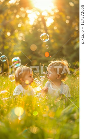 Cheerful kids blowing colorful bubbles in sunny outdoor setting, radiating joy and happiness 117372658