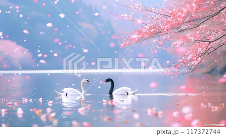 Graceful swans forming heart shape on lake amidst pink blossom trees with petals in the air 117372744