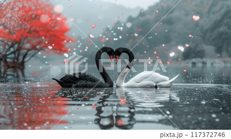 Graceful swans shaping heart near pink trees with floating petals on serene lake 117372746