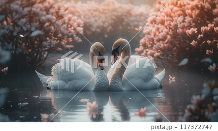 Graceful swans forming heart shape amidst pink trees and floating petals on serene lake 117372747