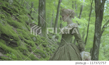 Whimsical figure in vintage green attire with cow head, blonde hair, and regal crown 117372757