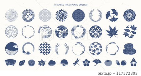 秋の和柄フレームとシンボルとアイコンセット 117372805