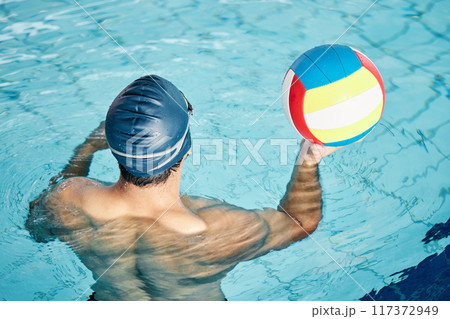Man, swimming pool or water polo player with ball, cap or goggles in sports game, training or workout for competition fitness. Exercise, swimmer or athlete and match play equipment in challenge goals Man, swimming pool or water polo player with ball, cap or goggles in sports game, training or workout for competition fitness. Exercise, swimmer or athlete and match play equipment in challenge goals 117372949