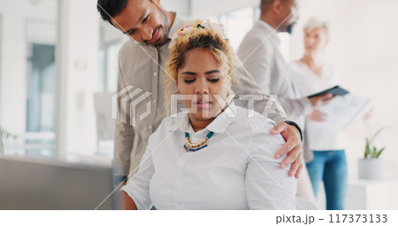 Woman, man and sexual harassment in office, touch and hand on shoulder in personal space. Bullying, discrimination and abuse victim in workplace, justice and social fear for scared women in business. Woman, man and sexual harassment in office, touch and hand on shoulder in personal space. Bullying, discrimination and abuse victim in workplace, justice and social fear for scared women in business. 117373133